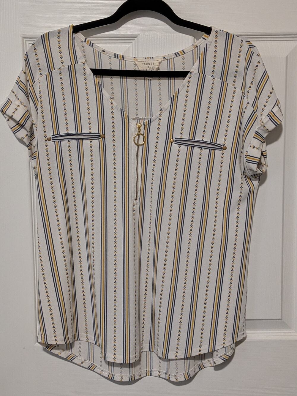 Flower and Feather Womens Large Blouse Striped Gold Zipper 1/4 Detail